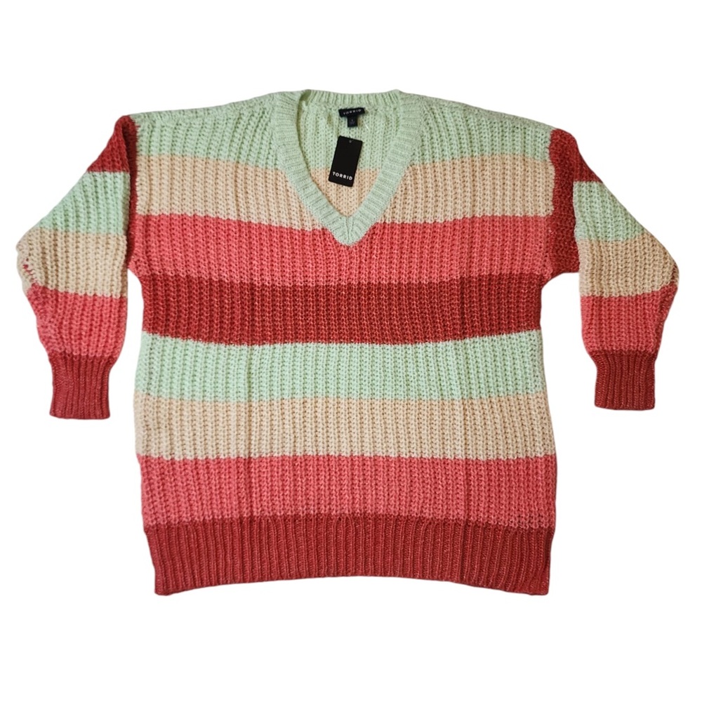 Womens Torrid Pullover Sweater 1X 14-16 Striped V Neck Colorful Acrylic NWT
